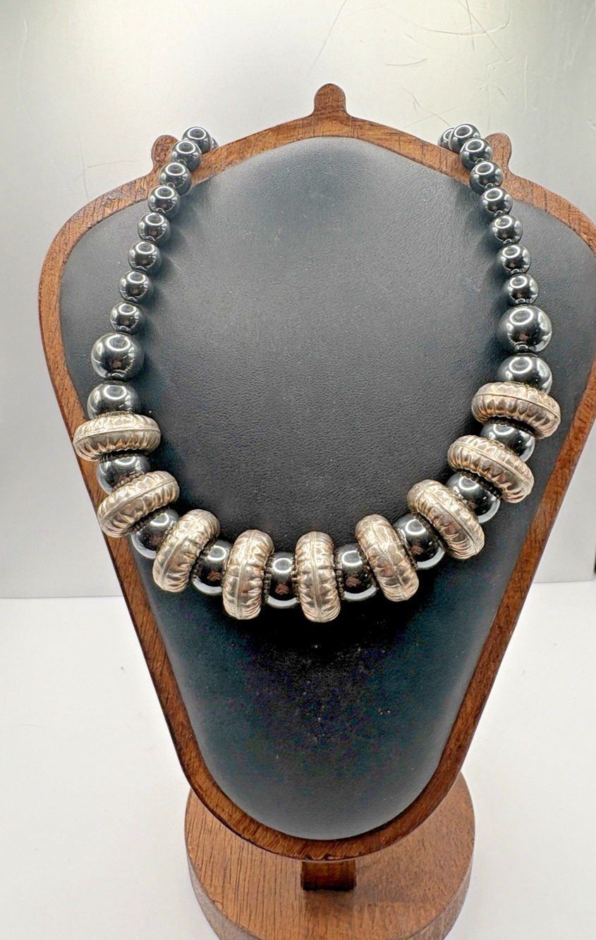 Hematite Graduated 1 cm Bead Necklace 20" Sterling Silver 925 Clasp Beads 117.8g